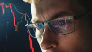 Een afbeelding van een crypto handelaar die naar een zeer volatiele koers van de prijs van een munt aan het kijken is