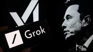 Een afbeelding van Grok AI, met op de achtergrond het gezicht van Elon Musk en zijn AI bedrijf Een afbeelding van Grok AI, met op de achtergrond het gezicht van Elon Musk en zijn AI bedrijf