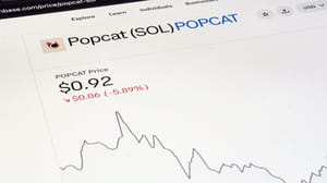 Een afbeelding van de pagina van memecoin popcat op een cryptobeurs, met een grafiek van de koers en een dalende prijs Een afbeelding van de pagina van memecoin popcat op een cryptobeurs, met een grafiek van de koers en een dalende prijs