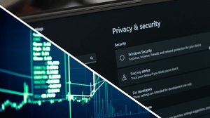 Een split image met links een stijgende groene koers en rechts een tab van privacy en beveiliging in de instellingen van een computer Een split image met links een stijgende groene koers en rechts een tab van privacy en beveiliging in de instellingen van een computer