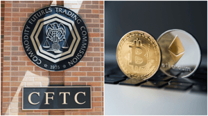 Bitcoin en Ethereum munten met CFTC logo Bitcoin en Ethereum munten met CFTC logo