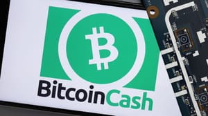 Een afbeelding van bitcoin cash (BCH) op een mobiele telefoon met een printplaat erbij Een afbeelding van bitcoin cash (BCH) op een mobiele telefoon met een printplaat erbij