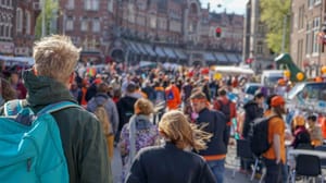 Een afbeelding van een menigte op Koningsdag in Nederland die feest vieren in een straat in Amsterdam Een afbeelding van een menigte op Koningsdag in Nederland die feest vieren in een straat in Amsterdam