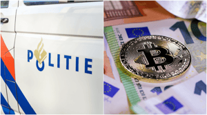 Foto met Bitcoin munt en politie logo Foto met Bitcoin munt en politie logo