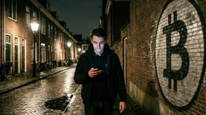 Jongeman loopt op straat met bitcoin grafiti op muur Jongeman loopt op straat met bitcoin grafiti op muur - AI-generated