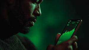 groene-grafiek-man-telefoon Onbekende crypto schiet uit het niks 124% omhoog