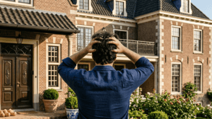 Man staat voor huis en baalt Man staat voor huis en baalt