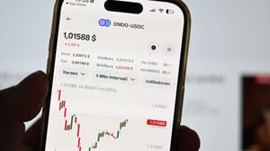 Een afbeelding van Ondo, de cryptocurrency, die hard stijgt met een grafiek erbij Een afbeelding van Ondo, de cryptocurrency, die hard stijgt met een grafiek erbij