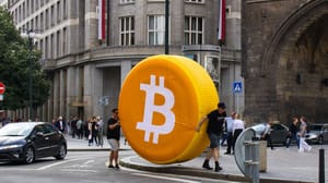 Bitcoin logo rolt door de stad Bitcoin logo rolt door de stad