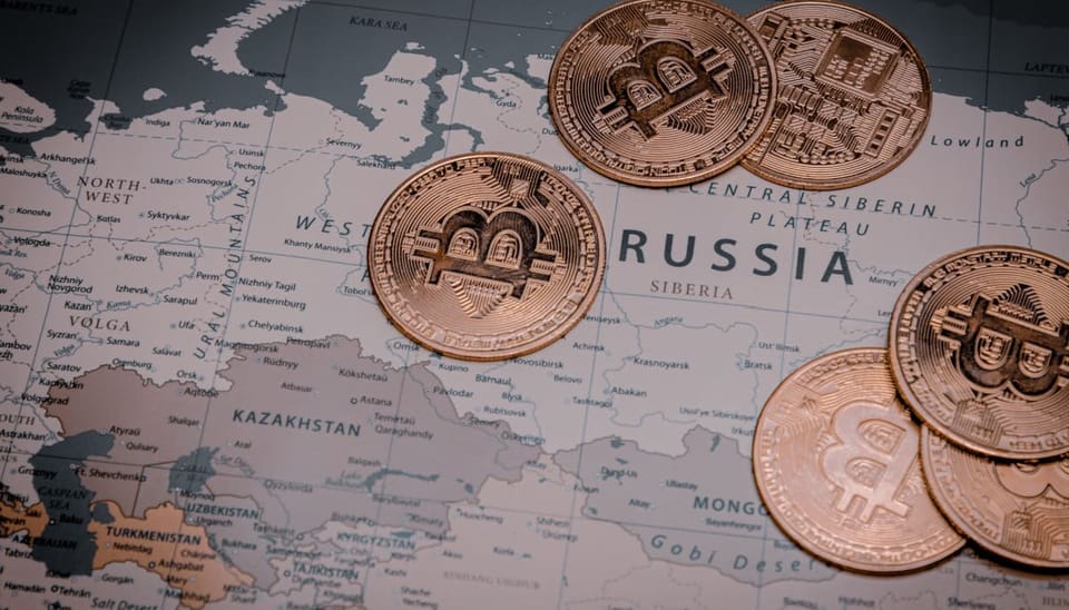 rusland op kaart met bitcoin munten