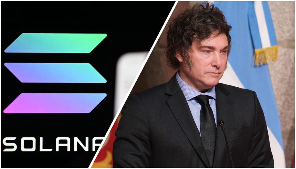 Een afbeelding van de Argentijnse president Milei (rechts) en het cryptonetwerk Solana (links) waar veel memecoins op gebouwd worden