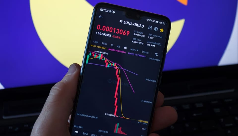 Een afbeelding van de koers van het gecrashte crypto project Terra Luna, met op de achtergrond het logo van Luna