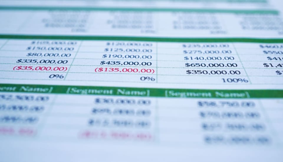 Een spreadsheet met grote dollarbedragen, waarvan sommige roodgekleurd_ representatief voor fraude met financiën, aandelen en crypto