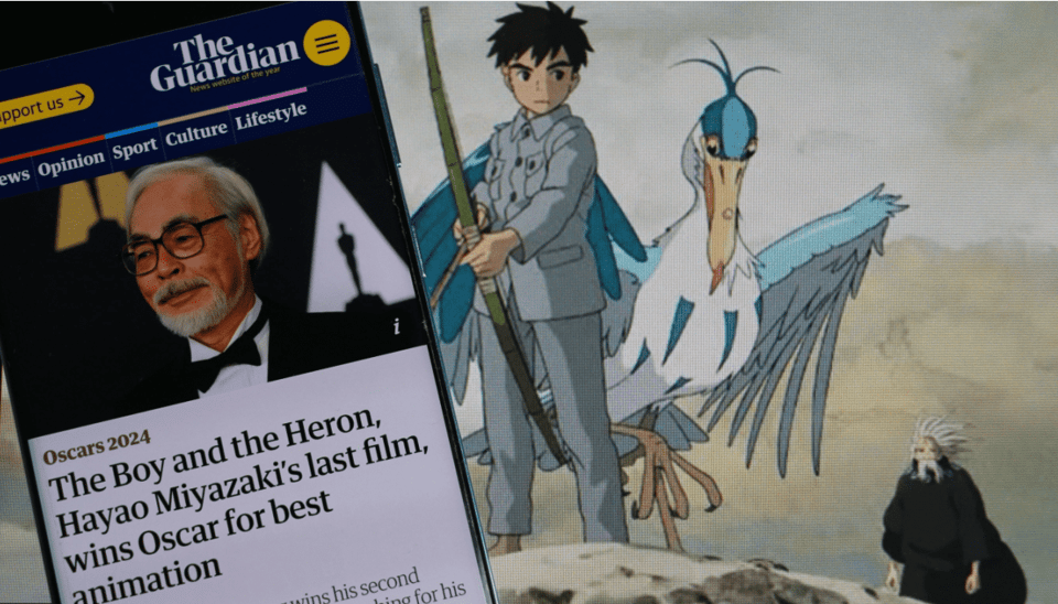 Foto van Studio Ghibli film Boy and Heron met foto van Hayao Miyazaki