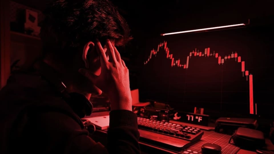 Een afbeelding met een rood filter waarbij een cryptohandelaar gefrustreerd en gestresst naar een hard gecrashte crypto koers kijkt