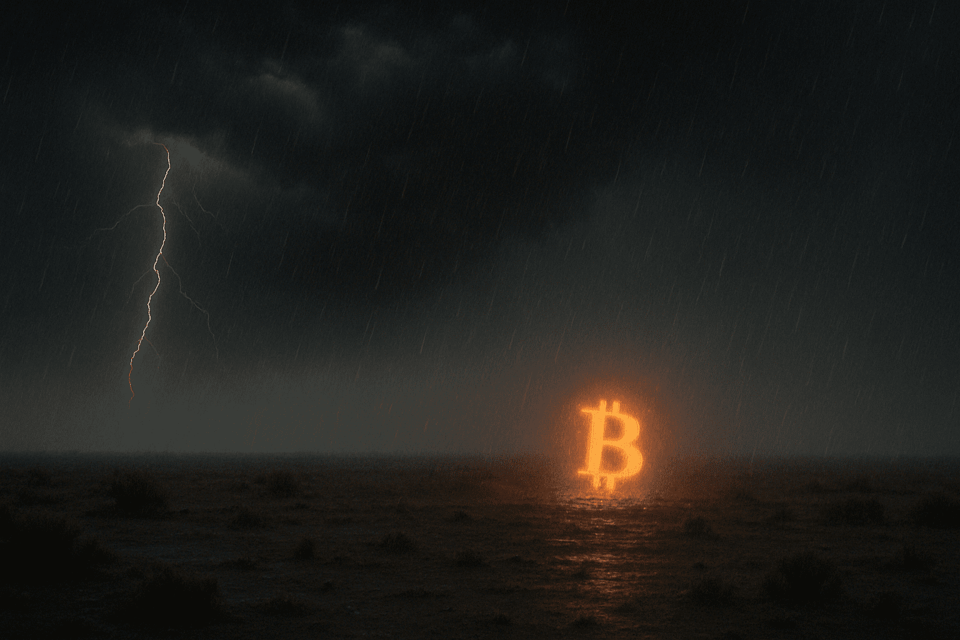 Bitcoin logo oranje in storm (AI generated)