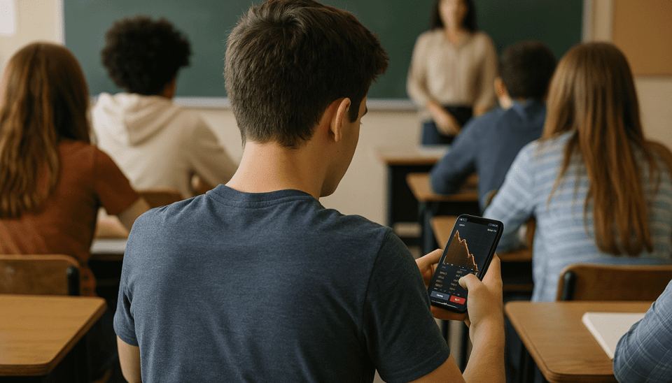 Een student in de klas op zijn telefoon die zit te handelen.