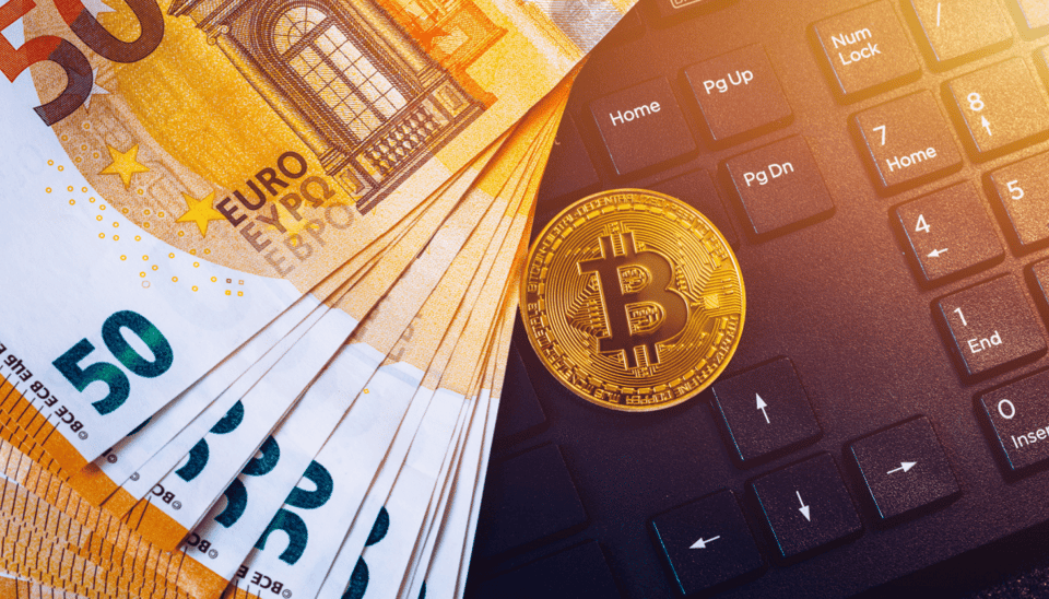 Afbeelding met euro biljetten en bitcoin munt