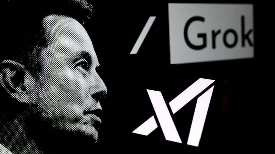 Een afbeelding van Elon Musk met zijn bedrijf xAI, dat de kunstmatige intelligentie Grok heeft ontwikkeld die nu ook geintegreerd is in X