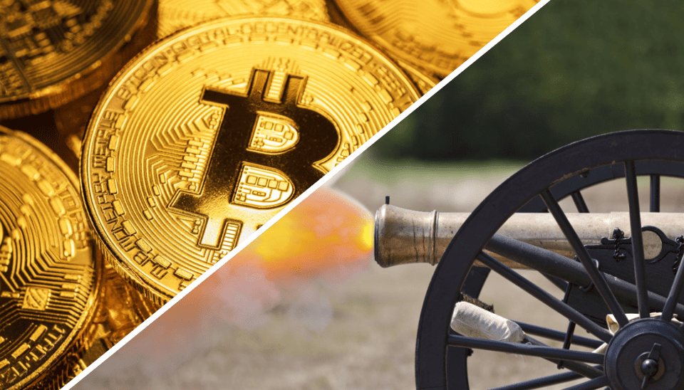 Een afbeelding van een bitcoin burgeroorlog split image