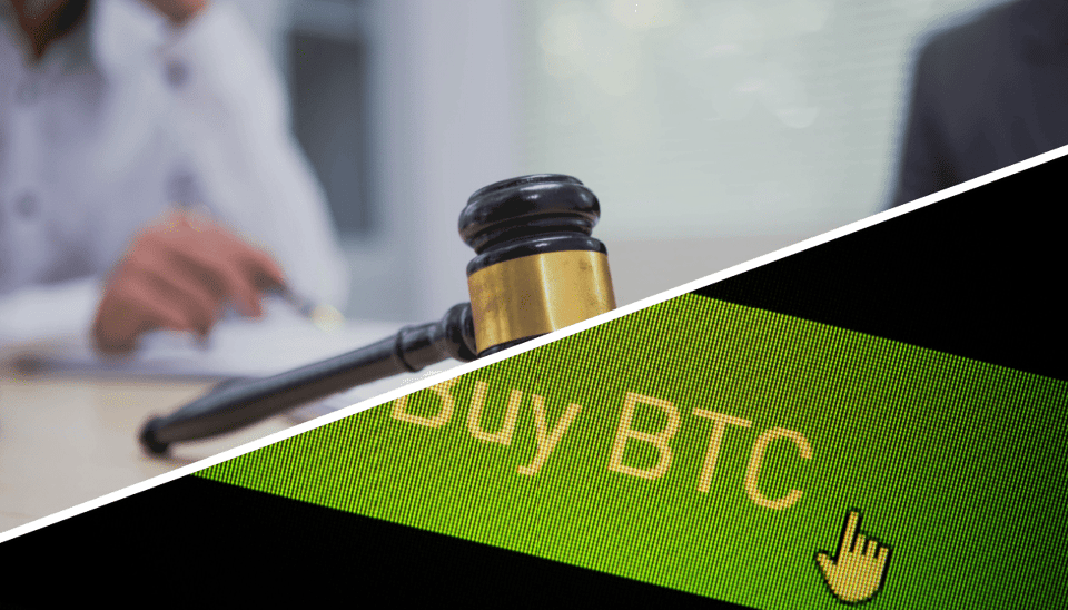 Een split image van een koop bitcoin afbeelding en een setting van de rechtbank