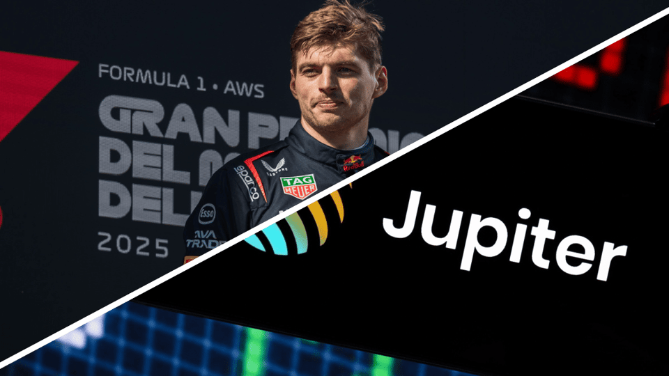 Een split image van Max Verstappen en cryptobeurs Jupiter dat is gebouwd op Solana