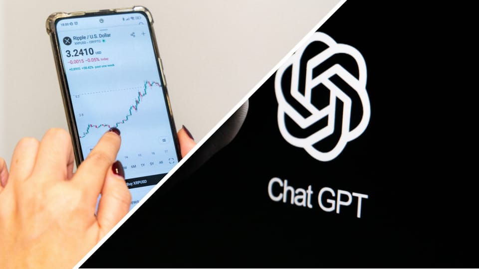 Een afbeelding van een XRP pagina links met een grafiek van de XRP koers en chatGPT rechts