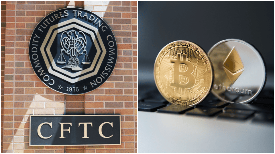 Bitcoin en Ethereum munten met CFTC logo