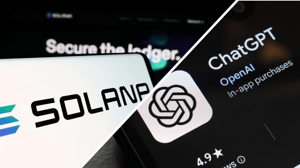 Een split image met het logo van Solana (SOL) links en het logo van ChatGPT rechts