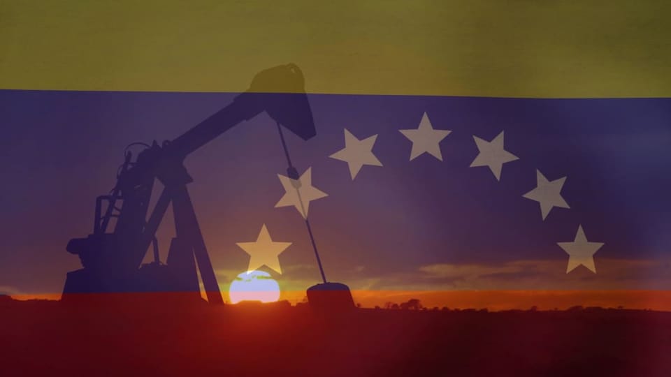 Een afbeelding van de Venezuelaanse vlag als overlay op een oliepomp
