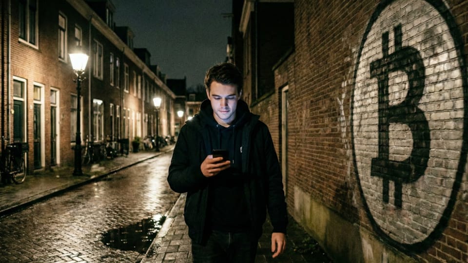 Jongeman loopt op straat met bitcoin grafiti op muur - AI-generated