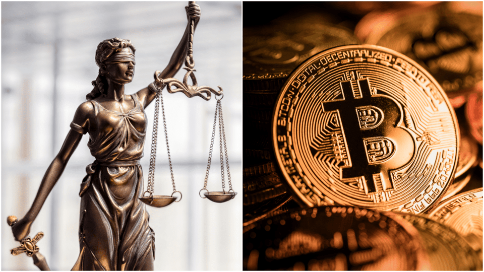 Vrouw Justitia en Bitcoin munten