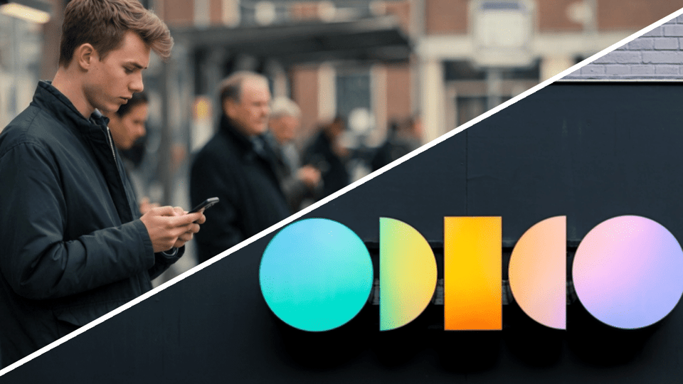 Split image van jongen op telefoon (AI illustratie) en Odido logo