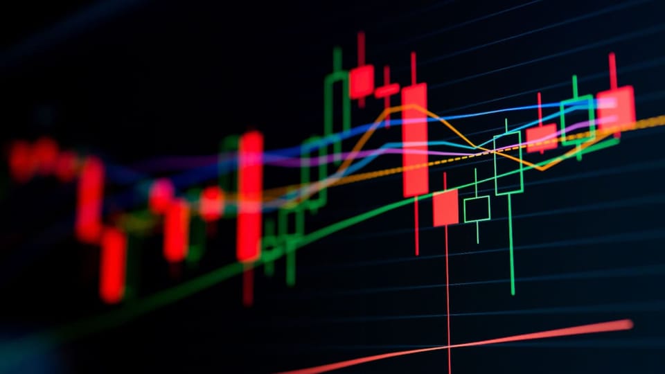 Een afbeelding van een volatiele koers, candle chart, groen en rood, met markt data