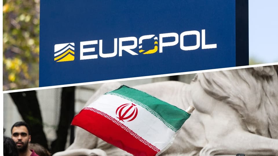 Een split afbeelding van Europol en een vlag van Iran