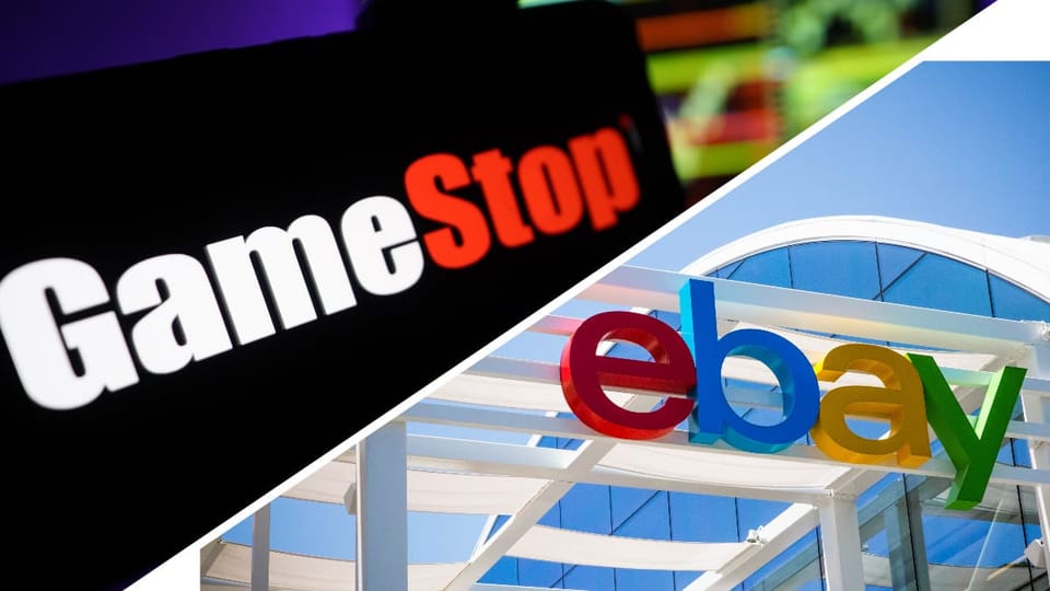 Een split image van gamestop en ebay