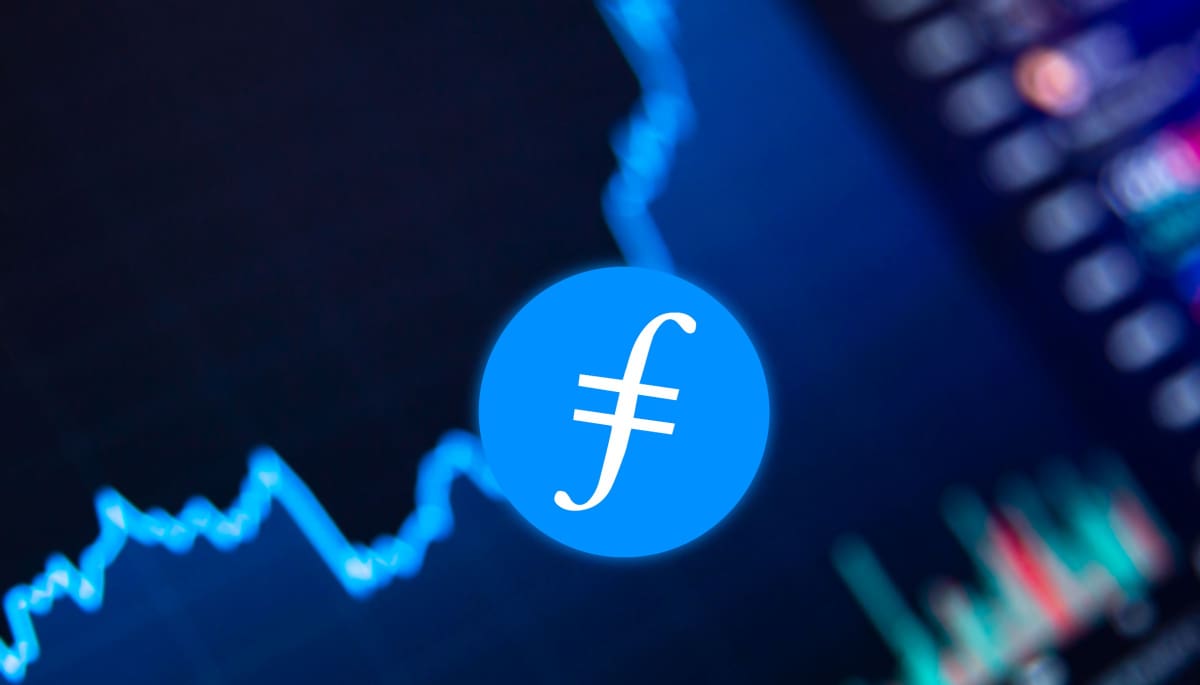 Stijging van 29%: Filecoin maakt comeback na nieuwe toevoeging Een afbeelding van het logo van filecoin, een oude cryptomunt (dinocoin), met op de achtergrond een koers