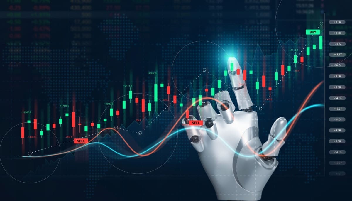 Koersgrafiek robot hand De opkomst van AI-crypto projecten: hype of de toekomst?