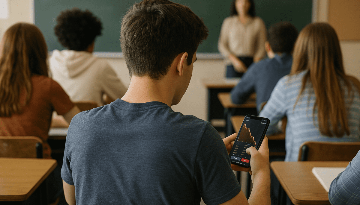 Een student in de klas op zijn telefoon die zit te handelen.