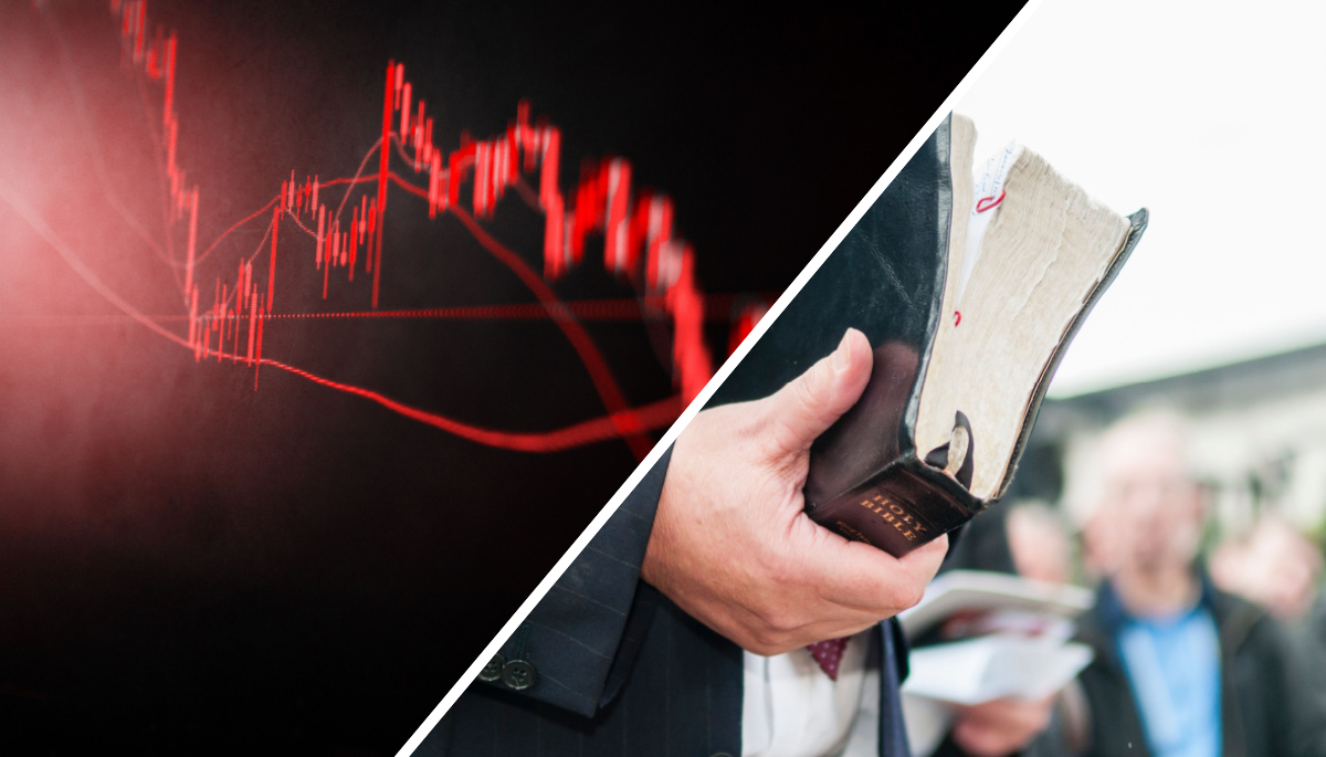 Cryptomunt Optimism daalt 20 procent in een dag na vertrek grote partner Een afbeelding van een dalende crypto of aandelen koers aan de linkerkant en aan de rechterkant een pastoor met een bijbel in zijn hand