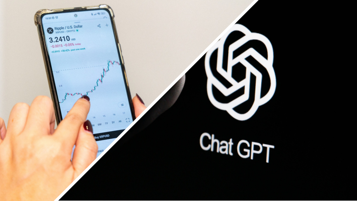 Een afbeelding van een XRP pagina links met een grafiek van de XRP koers en chatGPT rechts