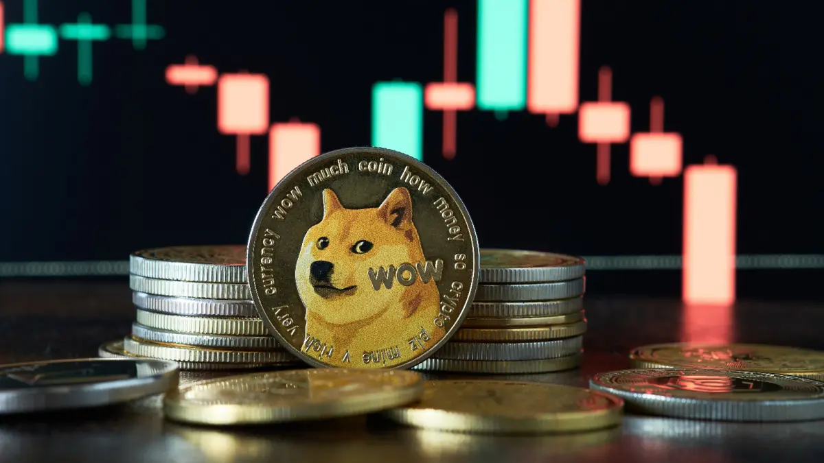Dogecoin nadert belangrijk steunniveau na jarenlange daling Een afbeelding van dogecoin (DOGE) munten voor een candle chart grafiek die een dalende koers weergeeft
