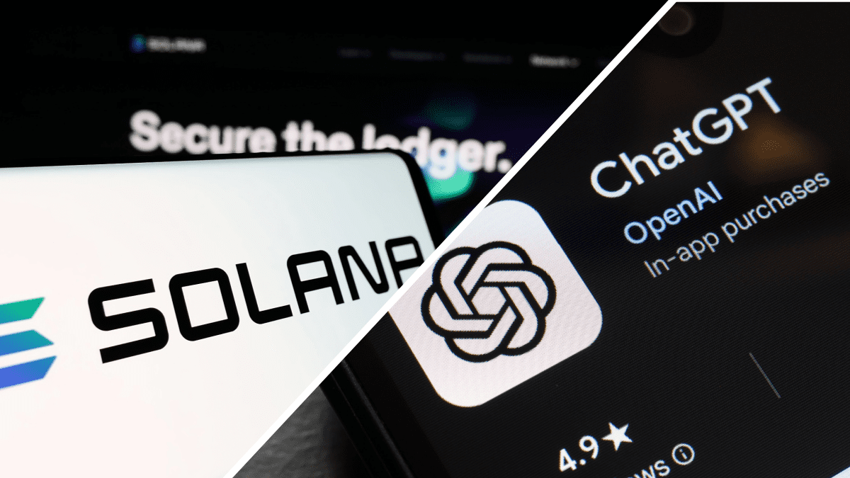 Een split image met het logo van Solana (SOL) links en het logo van ChatGPT rechts Een split image met het logo van Solana (SOL) links en het logo van ChatGPT rechts