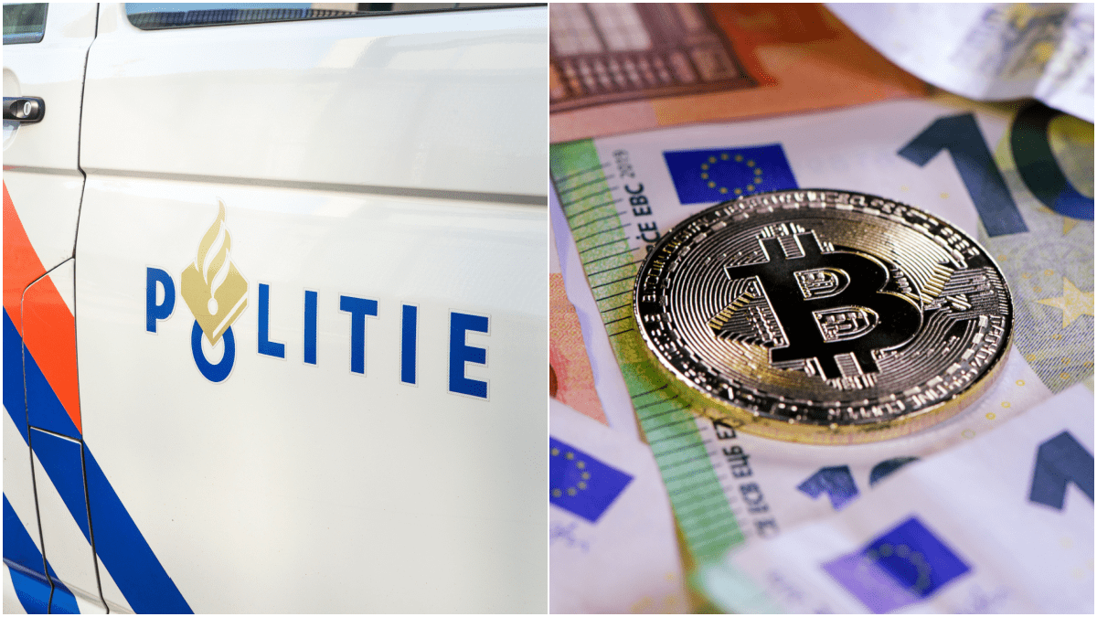 Foto met Bitcoin munt en politie logo Foto met Bitcoin munt en politie logo