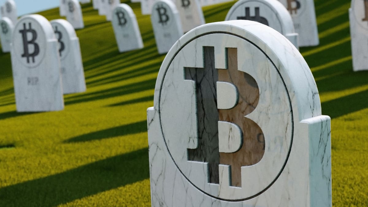 Een afbeelding van bitcoin munten die staan op grafstenen Een afbeelding van bitcoin munten die staan op grafstenen