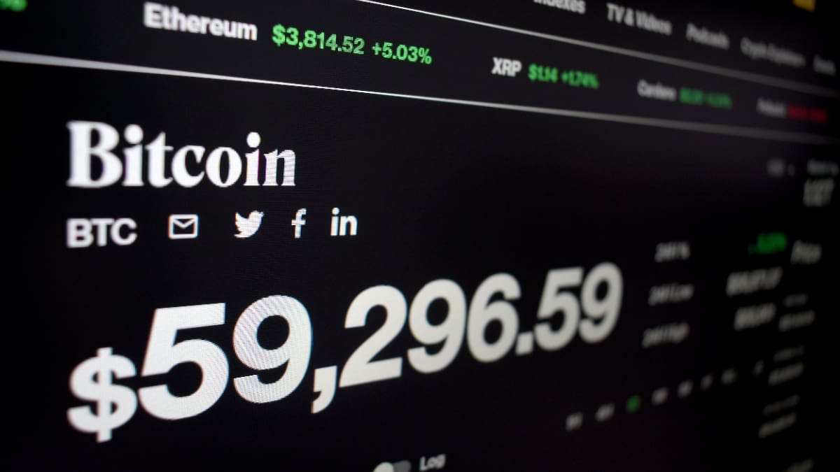 Een afbeelding van de bitcoin koers rondom een belangrijke grens in de buurt van 60.000 dollar