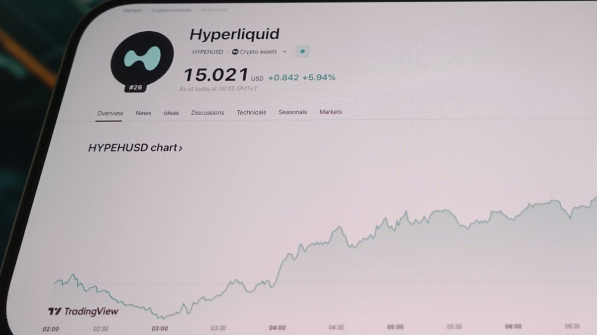 Een afbeelding van de hyperliquid koers met een prijs erbij en een stijgende grafiek Een afbeelding van de hyperliquid koers met een prijs erbij en een stijgende grafiek