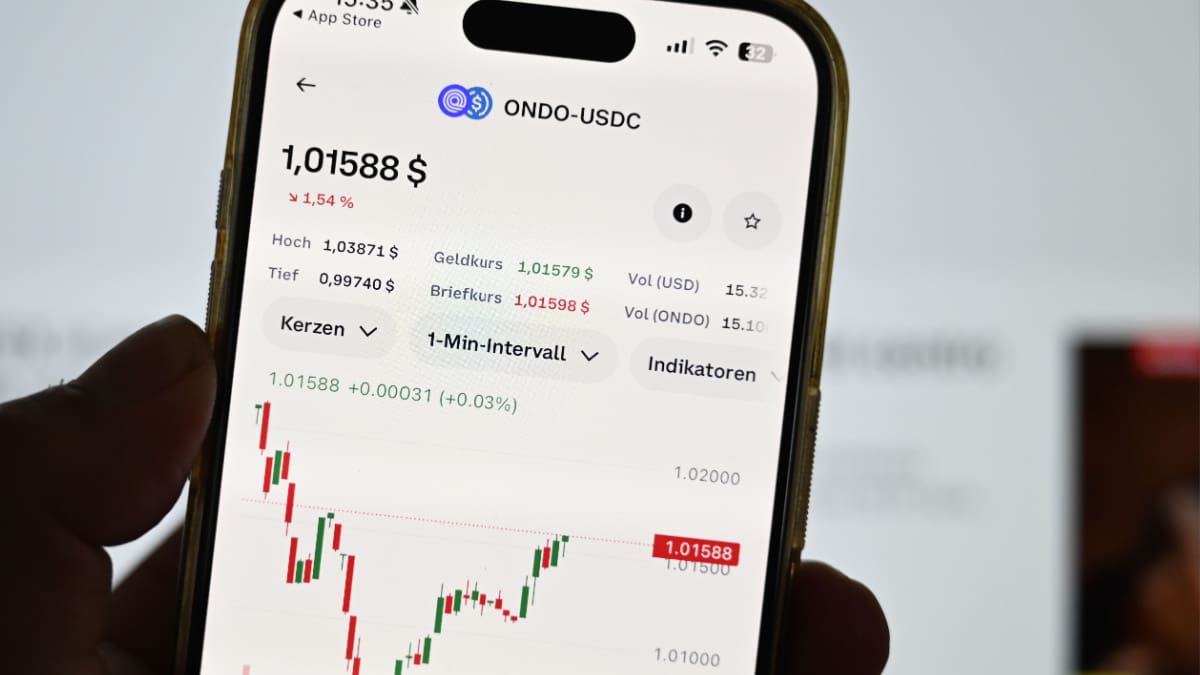 Dit is waarom de koers van Ondo vandaag met 15 procent stijgt Een afbeelding van Ondo, de cryptocurrency, die hard stijgt met een grafiek erbij