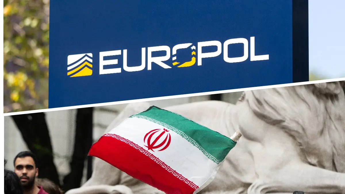 Een split afbeelding van Europol en een vlag van Iran Een split afbeelding van Europol en een vlag van Iran